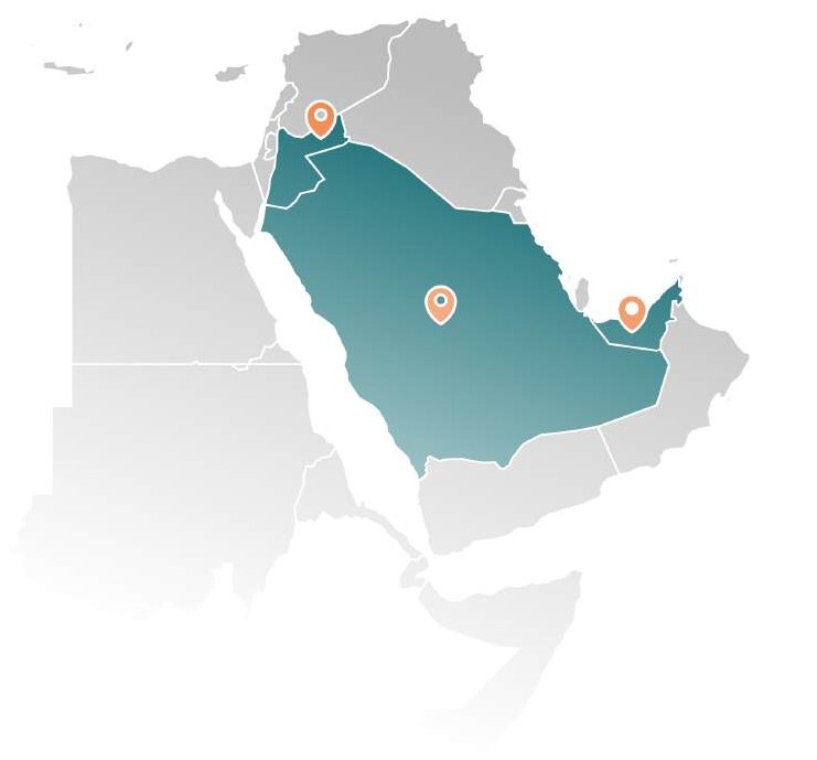 Map of the MENA region showing PRINCIPLES offices in Amman, Riyadh and Abu Dhabi